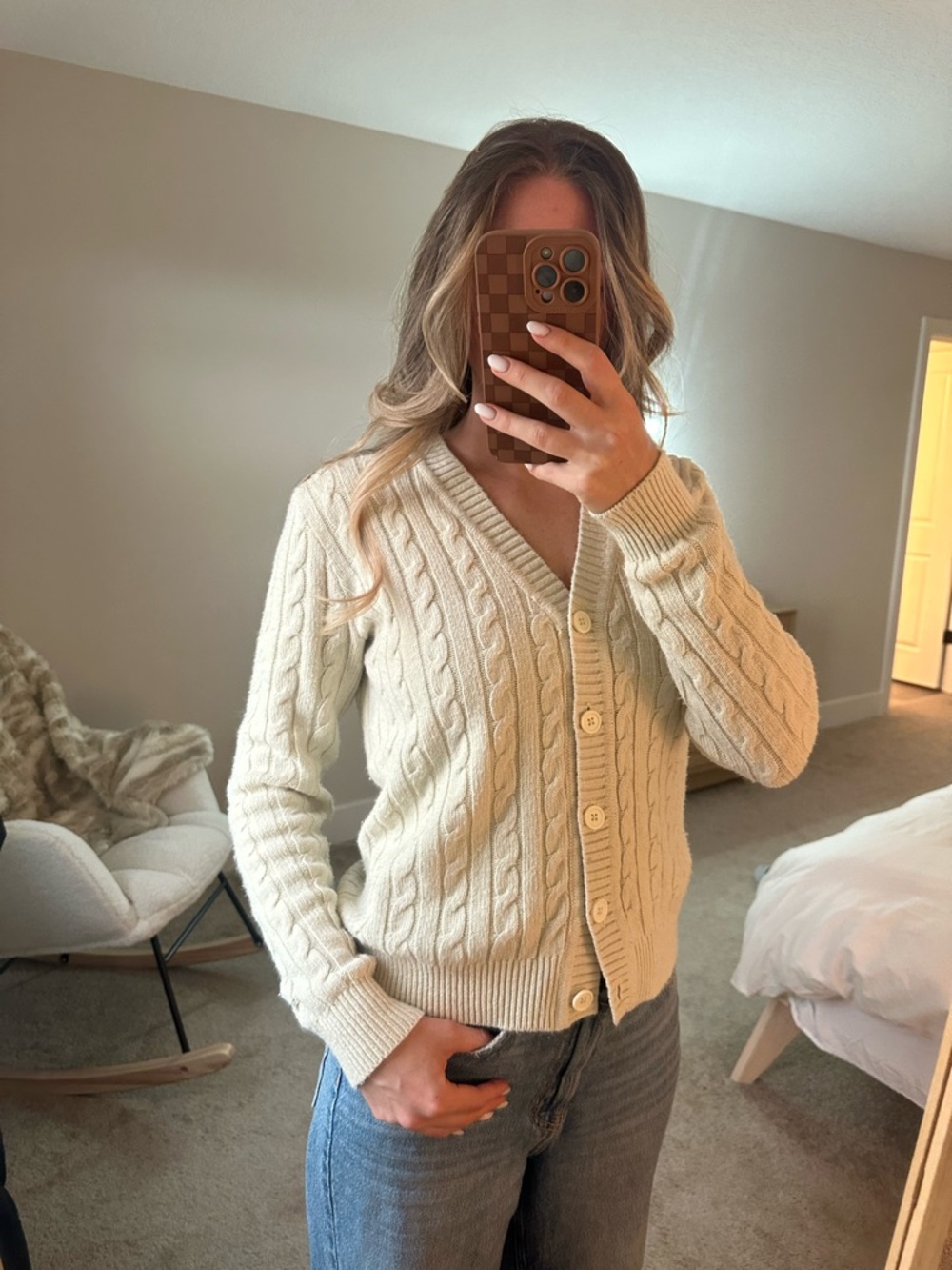 Brandy Melville Cream Cable Knit Button-Front Sweater Cardigan - Women